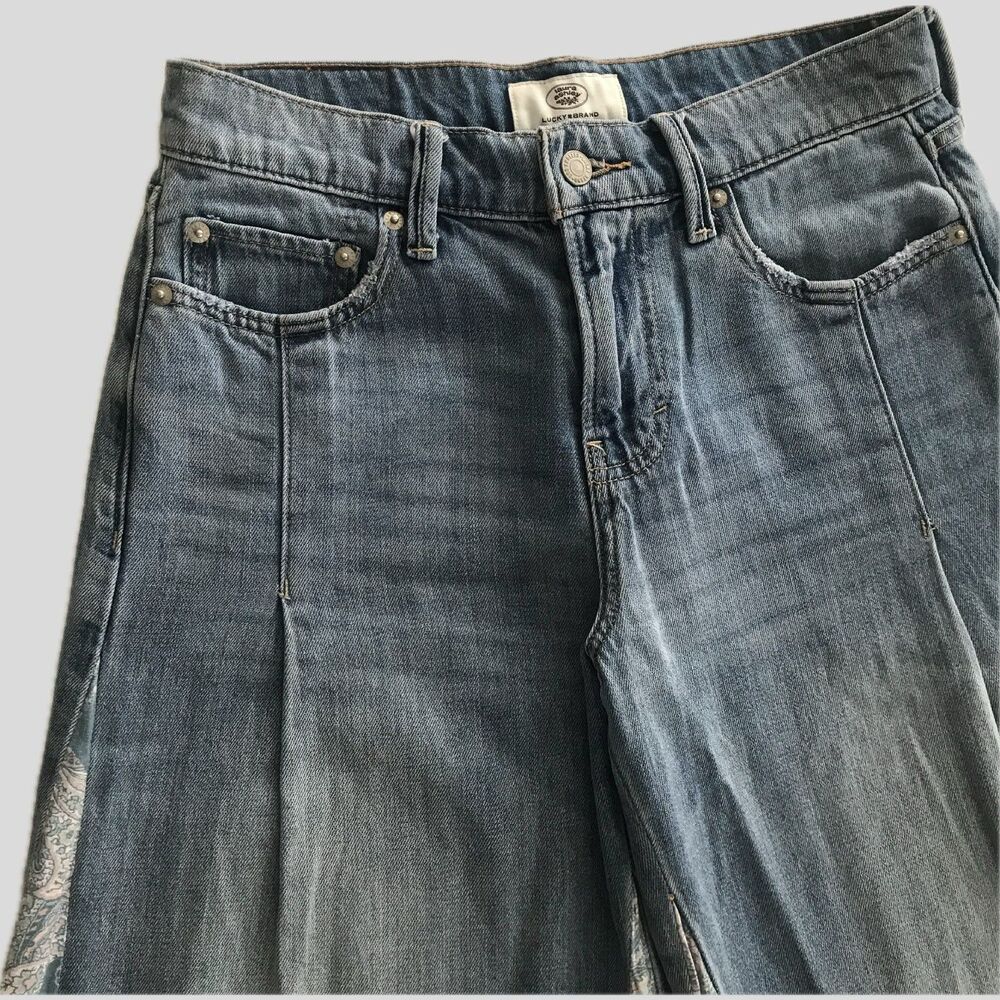 Lucky Brand Blue Wide Leg Jeans Low Rise Frayed Paisley Denim Women's 26 - Picture 3 of 9